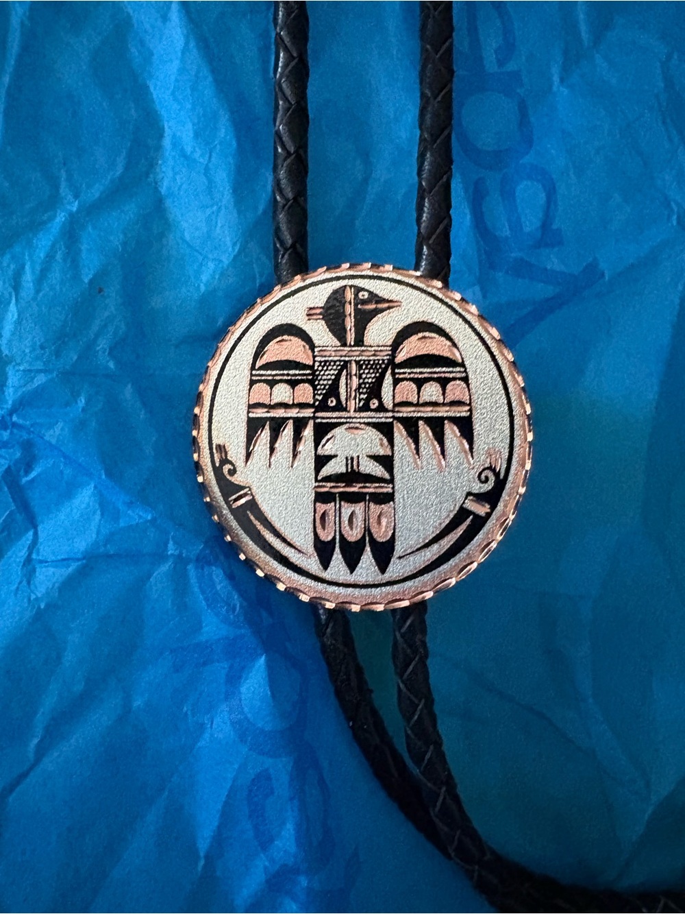 Black Leather Bolo Tie with Copper Thunderbird Concho